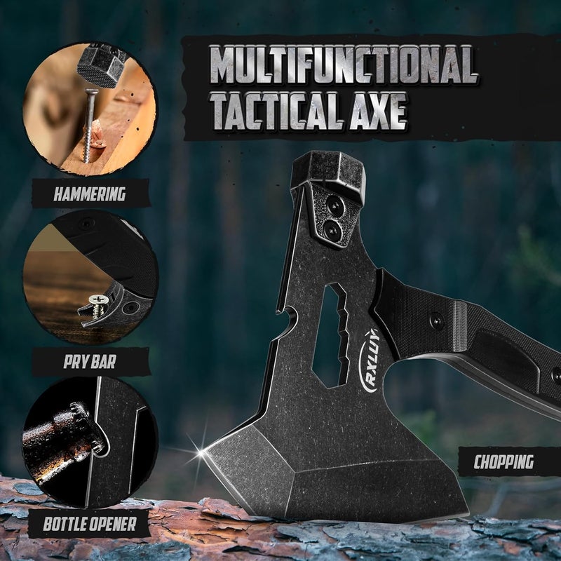 RXLUY Tactical Axe with G10 Handle Camping Survival Hatchet, Multifunctional Outdoor Hiking Heavy Duty Full Tang Tomahawk Tools with Hammer, Unique Design Crowbar, Leather Sheath (Black) - Image 5